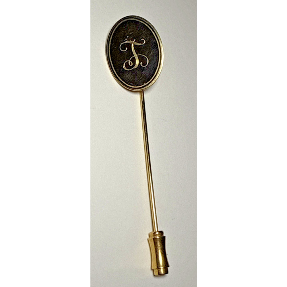 Vintage Letter‎ "T" Monogram Stick Pin Black and Gold Tone J-2B